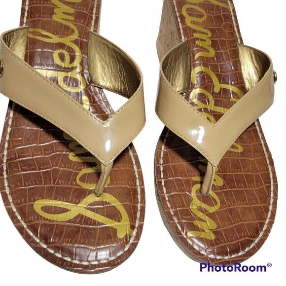 Sam Edelman Wedge Sandals Womens Size 9.5 M Romy Patent Leather Tan Flip Flop - Picture 8 of 12